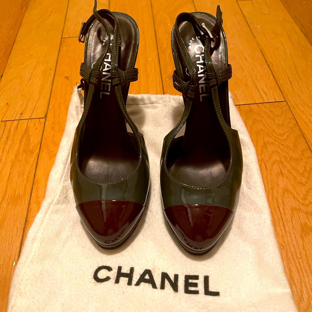 Chanel grey pat leather 3.5” strap pumps.  Excellent condition. 37.5 EU / US 7